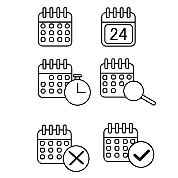 Una serie di icone del calendario. Ora, data, ricerca, orologio, zecca, divieto. - Vettoriali, immagini