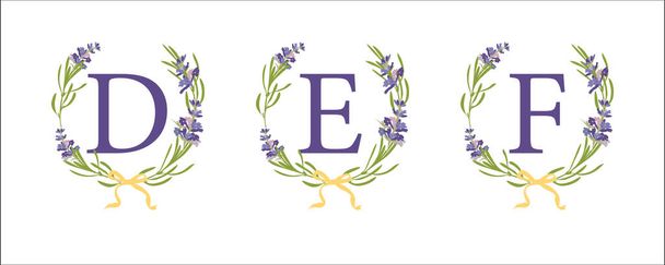 D E F letter. Set modern hand-drawn flat sketch illustrations. Lavender flower wreath with alphabet monogram. good idea for wedding decor. Vintage vector typographic emblem, logo, label design. - Vector, Image