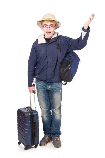 man met bagage dragen van safari hoed - Foto, afbeelding