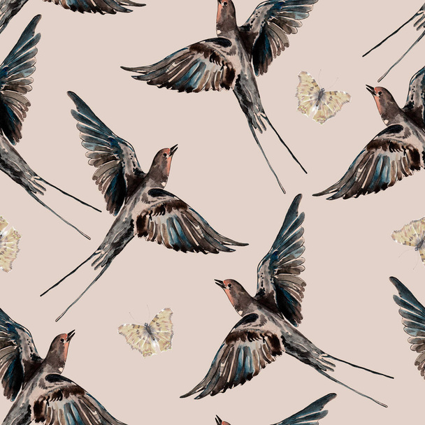 Watercolor  bird swallow  with butterfly on beige background. Seamless pattern  for decorations. - Foto, afbeelding