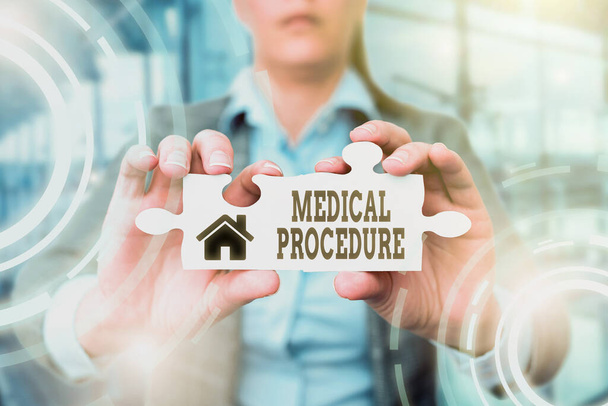 Sign displaying Medical Procedure. Word Written on a procedure employed by medical or dental practitioners Business Woman Holding Jigsaw Puzzle Piece Unlocking New Futuristic Tech. - Photo, Image