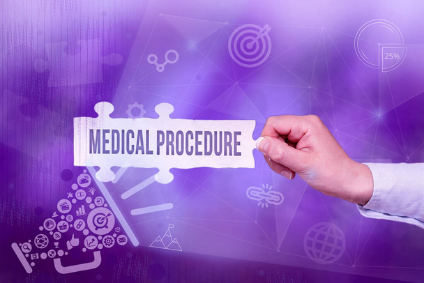 Writing displaying text Medical Procedure. Business idea a procedure employed by medical or dental practitioners Hand Holding Jigsaw Puzzle Piece Unlocking New Futuristic Technologies. - Fotografie, Obrázek