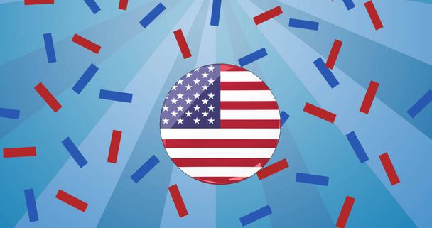 Image of american flag in circle with red, white and blue confetti, on blue stripes. patriotism, independence and celebration concept digitally generated image. - Fotoğraf, Görsel