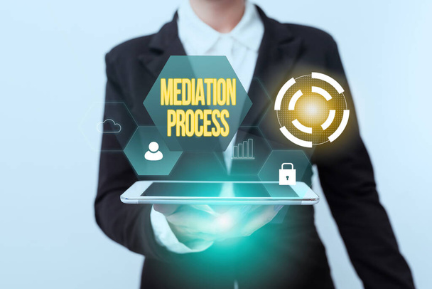 Text showing inspiration Mediation Process. Business idea informal and flexible dispute resolution process Woman In Suit Standing Using Device Showing New Futuristic Virtual Tech. - Photo, Image