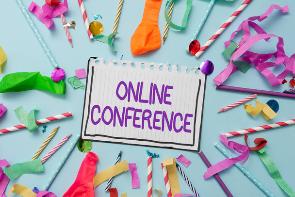 Writing displaying text Online Conference. Business overview online service by which you can hold live meetings Colorful Party Collections Flashy Celebration Stuff Birthday Festival Kit - Fotografie, Obrázek