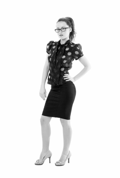 Because she is smart. Fashionable business woman wearing smart glasses. Pretty girl with smart look through glasses. Sensual smart girl - Zdjęcie, obraz