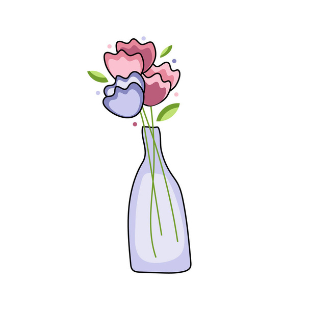 Ilustración vectorial de jarrón de vidrio con flores rosas y azules. Lindo arte de dibujos animados para el diseño de tarjetas de felicitación - Vector, imagen