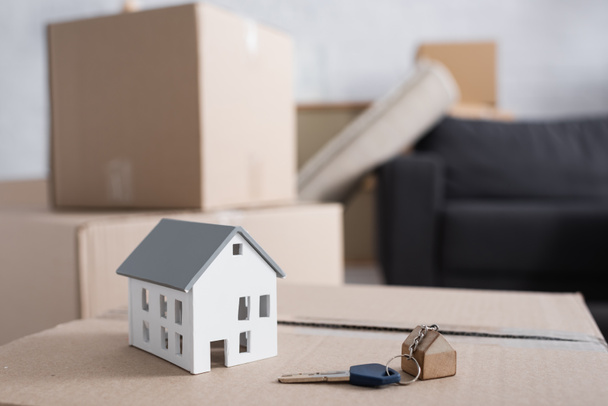 modelo de llave y casa en caja de cartón en apartamento nuevo - Foto, Imagen