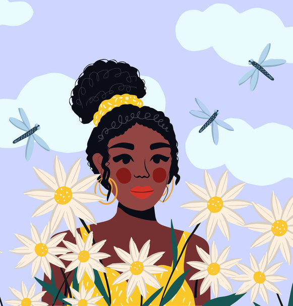 Πορτρέτο μιας όμορφης Αφροαμερικανής γυναίκας σε έναν τομέα των λουλουδιών, σύγχρονο επίπεδο στυλ. Όμορφο κορίτσι. Εικονογράφηση διανύσματος - Διάνυσμα, εικόνα