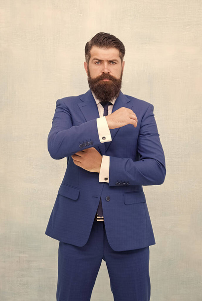 We value your skills. Fashion look of businessman. Office style. Business attire. Fashion wardrobe. Menswear store. Get exclusive formalwear. Bearded man blue suit. Mature man in formal style - Foto, afbeelding