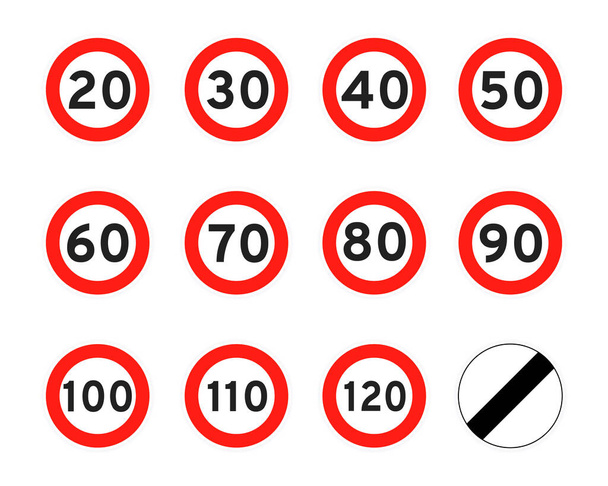 Speed limit 120, 110, 20, 30, 40, 50, 60, 70, 80, 90, 100, round road traffic icon sign flat style design vector illustration. - Vektor, obrázek