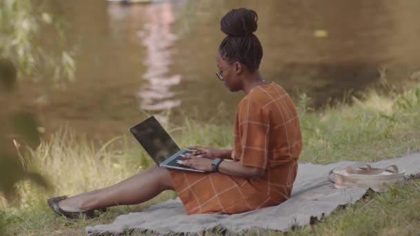 夏のドレスを着た若いアフリカ人女性の完全な側面図、ポータブルコンピュータを使用して、公園の池で芝生の上に座って - 映像、動画