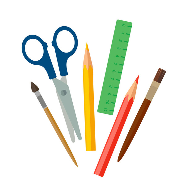 Okul ya da ofis için kırtasiye malzemesi. Kırtasiye makası, renkli kalemler, fırçalar. Beyaz arkaplanda izole edilmiş vektör illüstrasyonu - Vektör, Görsel