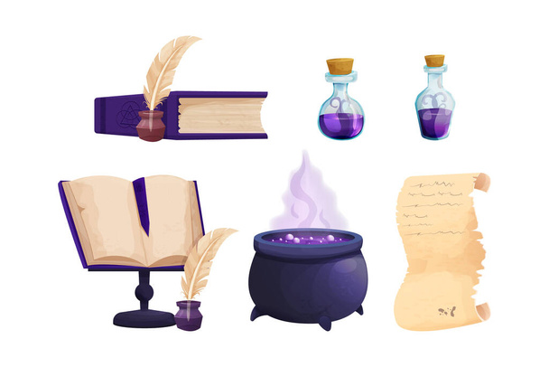 Set Hexenwerkzeuge Zauberflaschen mit Flüssigtrank, Hexenkessel, Pergamentrolle mit Federkiel, alte Bücher, Kerzen im Cartoon-Stil isoliert auf weißem Hintergrund. Alchemie-Asset - Vektor, Bild