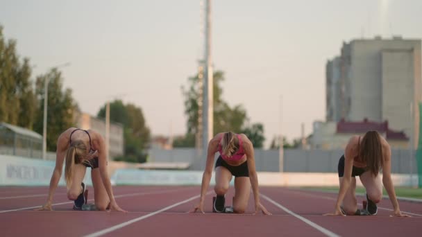 Kolme naisurheilijaa alkaa juosta samanaikaisesti maratonia, kilpailua, hidastettuna. naiset seisomassa lähtöviivalla ennen kisaa - Materiaali, video