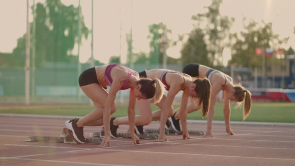 Tři atleti začnou současně běhat maraton, soupeření, zpomalování. ženy stojící na startovní čáře před závodem - Záběry, video