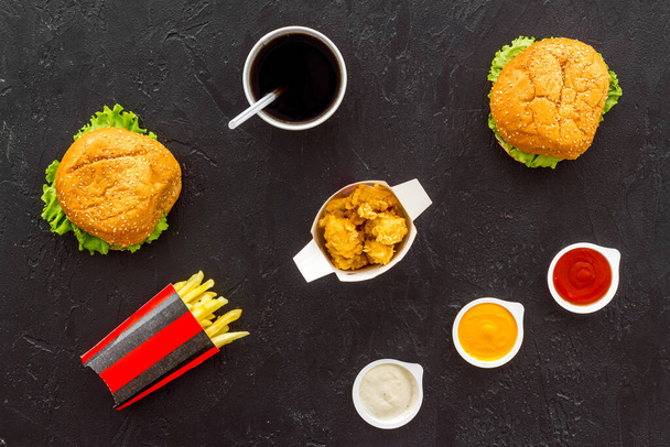 Set of fast food with hamburger and french fries. Top view - 写真・画像
