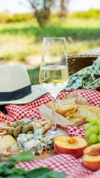 Summer picnic in the park on the grass. Wine, fruits and croissants - Photo, Image