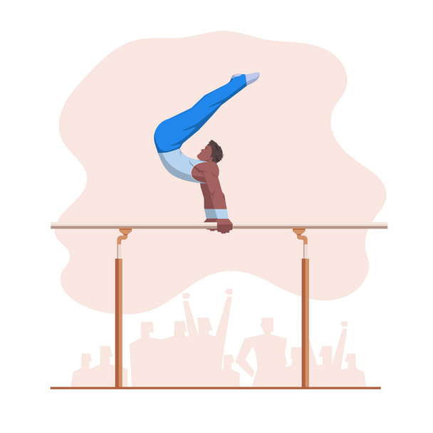 A gymnast with an athletic physique performs on Parallel bars, athlete shows static hold skill with his hands. Vector flat design illustration. Individual all-around preflight competition scene. - Vector, Image