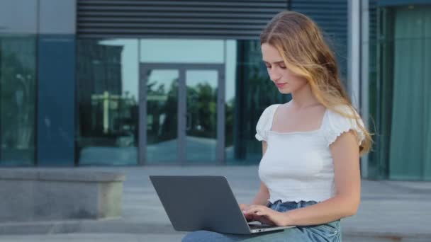 Uśmiechnięta atrakcyjna młoda kobieta siedzi na zewnątrz za pomocą laptopa komunikacji pracy online, szczęśliwa dziewczyna wpisując na komputerze, korzystając z pisania bloga, czatując ze znajomymi w sieci społecznej pokazuje ok gest - Materiał filmowy, wideo