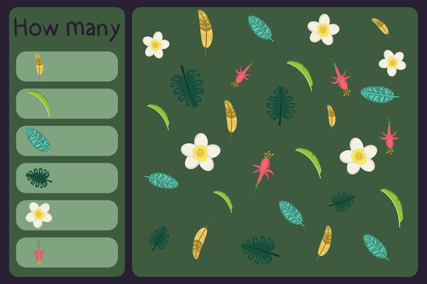 Kids mathematical mini game - count how many tropical florals - monstera, fuchsia, feather, banana leaf. Educational games for children. - Vector, Image