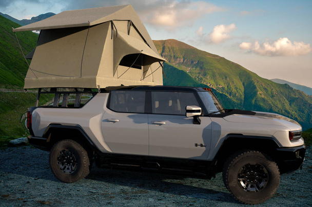 NEW GMC HUMMER EV - electric pickup with power over 1000 horsepower adapted as Camper with a tent - Photo, image