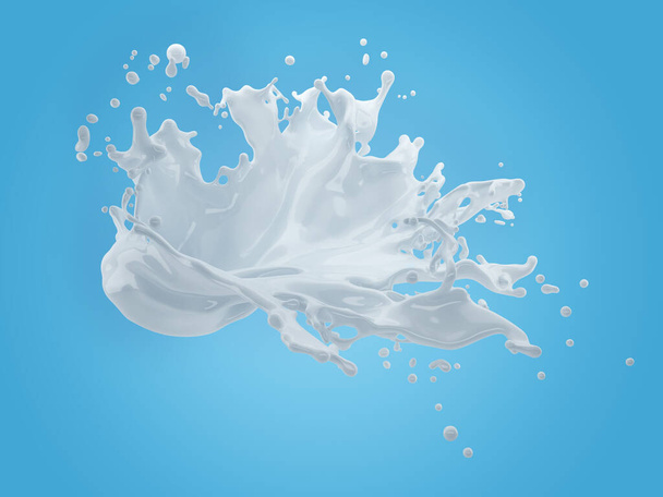 Illustrazione 3d di spruzzi di latte su sfondo blu sfumato con percorso di ritaglio - Foto, immagini