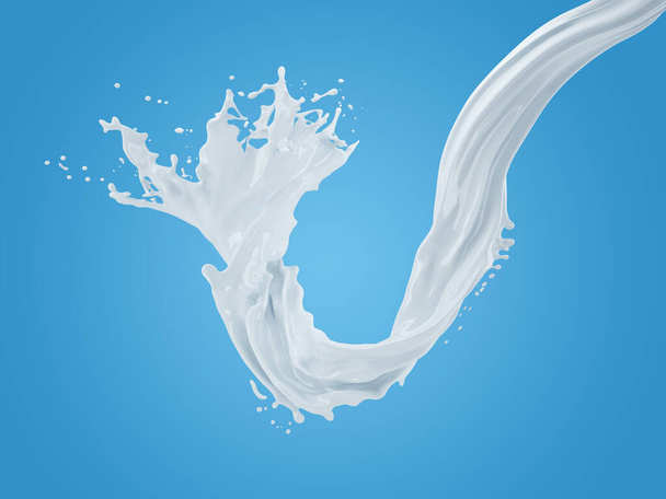 Illustrazione 3d di spruzzi di latte su sfondo blu sfumato con percorso di ritaglio - Foto, immagini