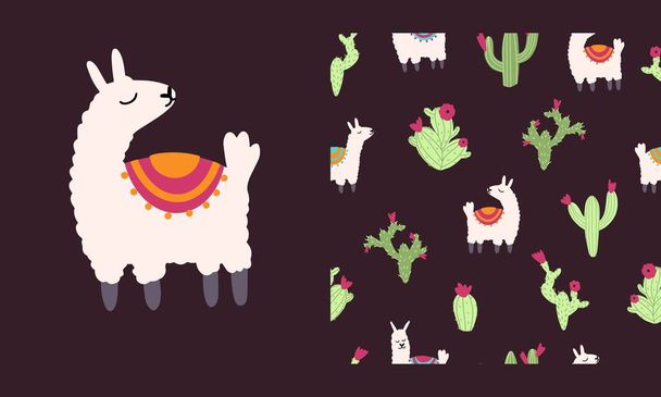 Lama alpaga motif sans couture avec cactus. Illustration vectorielle de personnages de pépinière en dessin animé dessiné à la main style enfantin - Vecteur, image