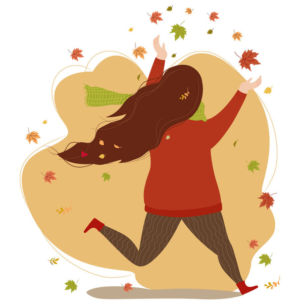 Podzimní šťastná dívka s chvějícími se vlasy a podzimními listy v šále a svetru běhá a raduje se. Vektorová ilustrace. Postava v plochém stylu pro podzimní design, dekor, pohlednice, plakáty a tisk - Vektor, obrázek