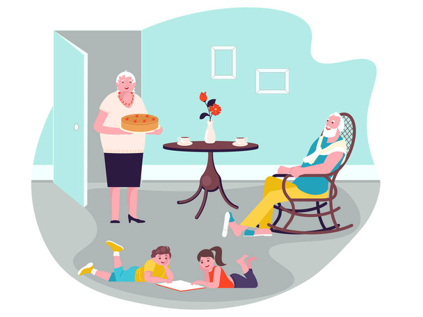 Šťastná rodina Prarodiče tráví čas s vnoučaty doma - Vektor, obrázek