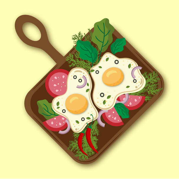 Two fried eggs in a square frying pan vector illustration . With tomatoes, pepper, onion, dill and parsley. Breakfast. Classic breakfast motel. English breakfast with fried eggs. Food. Yummy. - ベクター画像