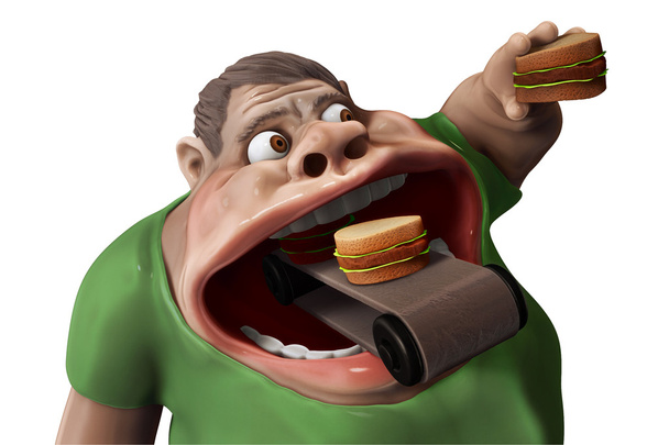Жирный голодный человек ест гамбургеры 3d иллюстрация
 - Фото, изображение