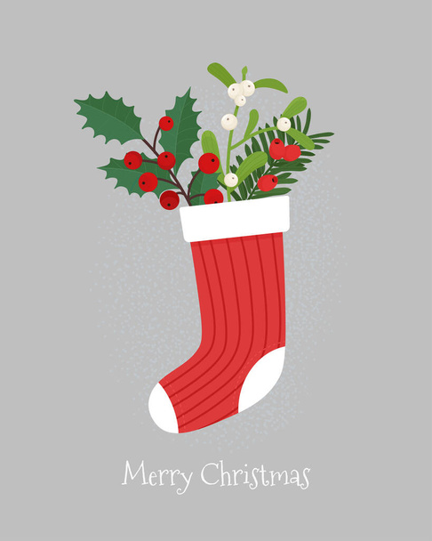 Holly Berry e Vischio Branch in calzino di Natale. Graziosa illustrazione vettoriale, modello di biglietto di auguri - Vettoriali, immagini