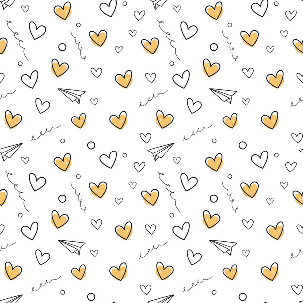 Hand drawn hearts and paper planes seamless vector pattern. Hearts doodle - Vector, Image