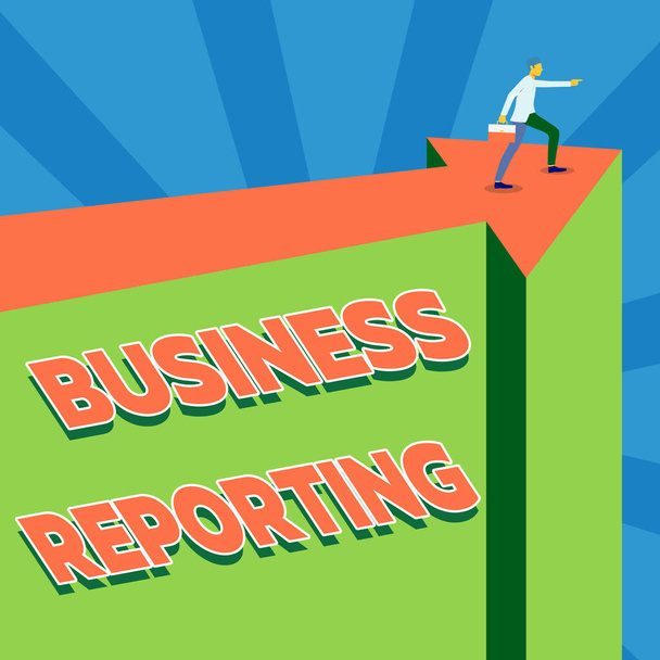 Text caption presenting Business Reporting. Business idea a formal written document for a business setting Man Illustration Carrying Suitcase On Top Of Arrow Showing New Phase Targets. - Foto, Imagem