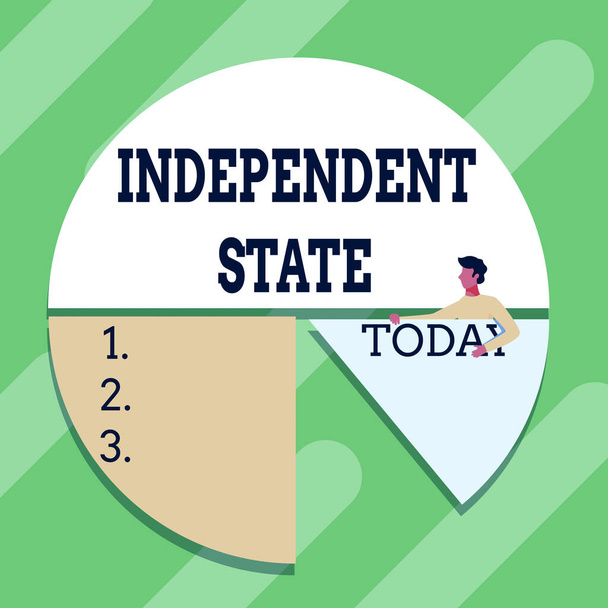 Sign displaying Independent State. Concept meaning ability of the state to be independent and have autonomy Man Drawing Holding Pie Chart Piece Showing Graph Design. - Zdjęcie, obraz