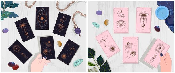 A set of illustrations of the layout on the tarot cards cards of the self-reflection session information card. cards that you choose at night to reflect the day. These can be flashcards that you can use with others to have a meaningful conversation. - Вектор, зображення