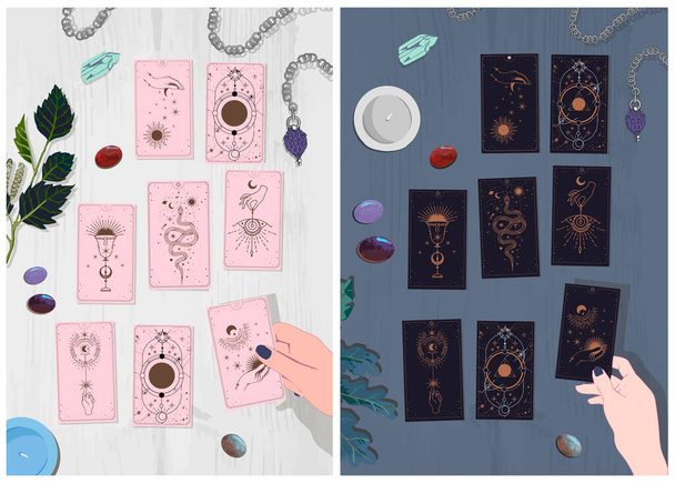 oracle vibes for the week, Aesthetic Witch, tarot cards, self-reflection cards, information card. cards that you choose at night to reflect the day. - ベクター画像