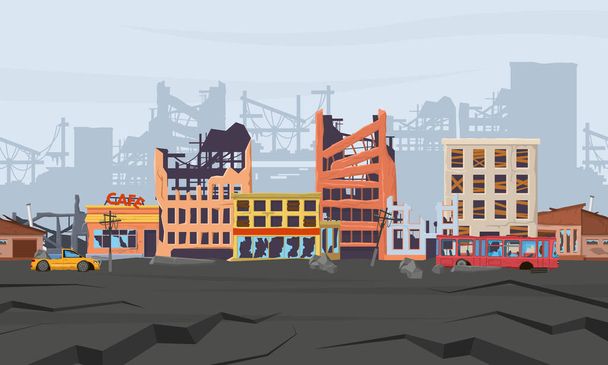 Ruined abandoned broken natural disasters district panorama. Earthquake disaster destroyed houses and city buildings vector illustration. Cataclysm destroyed street view - Vector, Image