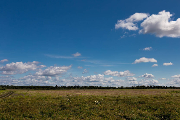 Blue sky with beautiful cumulus clouds over a wild field. Sky pattern. - Foto, Bild