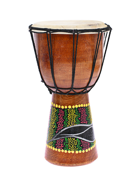 白い背景で隔離されたアフリカの木製ドラム - 写真・画像