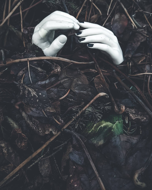 mannequin hands in fallen leaves. Spooky Halloween decoration. vertical mobile photo. - Foto, Imagen