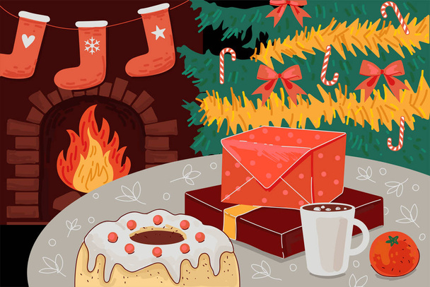 Veselé Vánoce a šťastný Nový rok přání. Vánoční útulný sváteční večer. Komfortní interiér. Krb, dárkové krabice, kakaový šálek, mandarinka a pudink na stole. Plakát na oslavy zimní rodiny - Vektor, obrázek