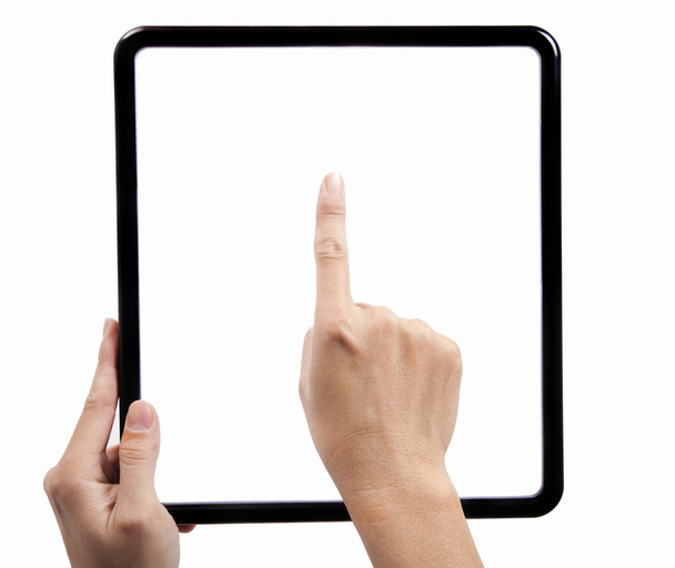 Hand hält einen schwarzen quadratischen Rahmen und Finger versuchen, das Pad zu berühren - Foto, Bild