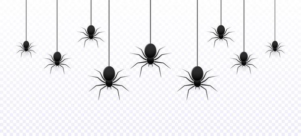 Vektorové realistické izolované bezešvé vzor s zavěšenými pavouky pro dekoraci a kryt na průhledném pozadí. Strašidelné pozadí pro Halloween. - Vektor, obrázek