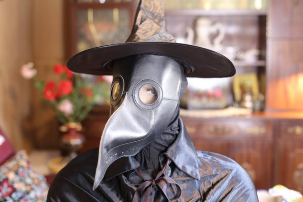 close-up portrait of doll with plague doctor mask at home, Halloween celebration concept - Photo, Image