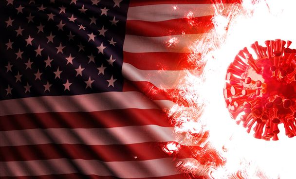 Computer graphics illustratie van de nationale vlag van de Verenigde Staten van Amerika bedreigd door een agressieve coronavirus cel schijnen en branden met scharlaken vlammen tijdens pandemie van covid-19. - Foto, afbeelding