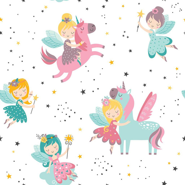 Vector seamless childish pattern with fairy, flowers, unicorn and other elements. Fairy with a magic wand vector illustration. Seamless pattern with cartoon fairy for kids, girl. - Vektor, kép