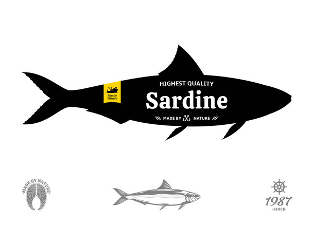 Vector sardine seafood label isolated on a white background - Vector, Image